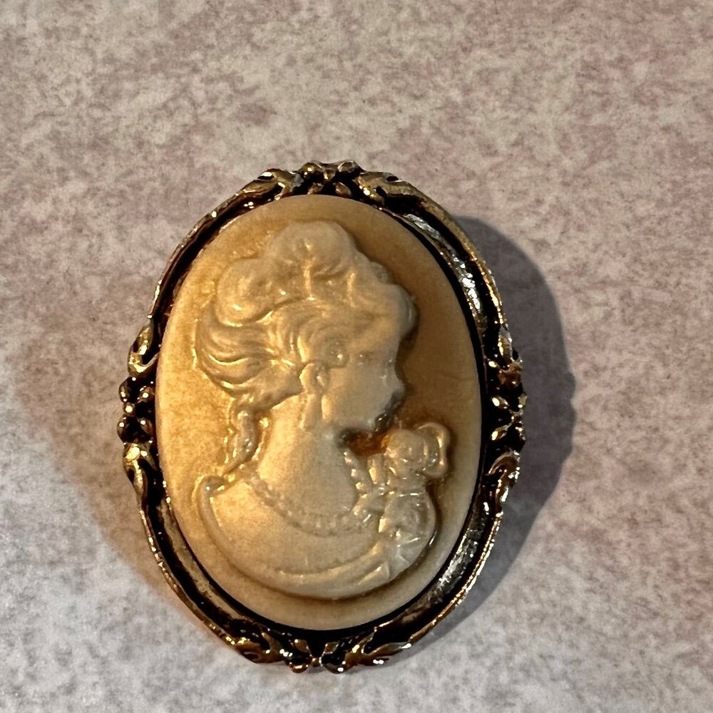NEW Cameo brooch, beige and brown with antiqued frame